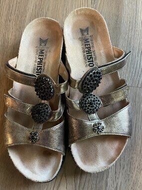 Mephisto Sandals Slides Strappy Women's Size US 7.5M, EUR 38 Jeweled Wedge Gold!